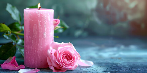 Pink candle with rose on delicate background