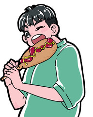 アメリカンドッグを食べる男の子