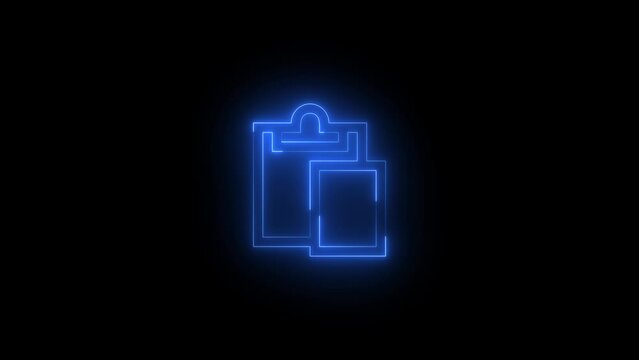 Neon glowing blue color paste symbol icon on black background animation
