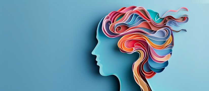 Concept of self care, happiness, harmony, creative mind. Colored paper cutout person head on blue background. Copy space