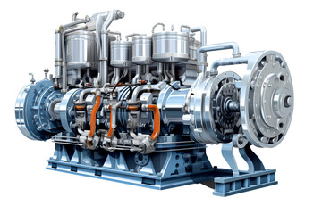 large diesel engine. made of metal and has many different parts, including pistons, cylinders, and valves., transparent background
