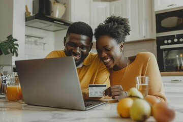 A happy young couple making a credit card payment on a laptop together at home.
