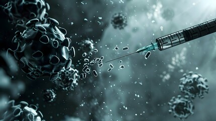 A powerful image of a syringe breaking a chain of hepatitis virus particles 