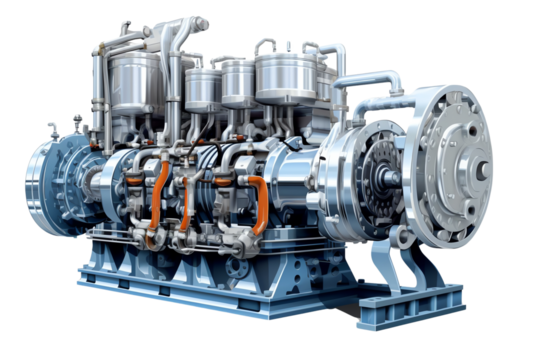 large diesel engine. made of metal and has many different parts, including pistons, cylinders, and valves., transparent background