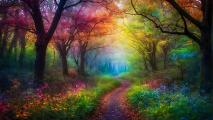 Enchanting Woodland, Journey into a Magical Fantasy Forest with Vibrant Rainbow Arching Over the Trees