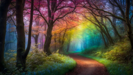 Enchanting Woodland, Journey into a Magical Fantasy Forest with Vibrant Rainbow Arching Over the Trees