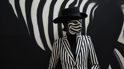 A bold zebra in a stripe-matching blazer, stark black and white contrast, modern art meets fashion