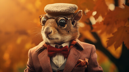 A dapper squirrel in a vintage tweed jacket, autumn leaves swirling around, seasonal fashion at its best