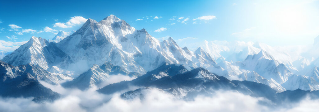 A breathtaking wintry mountain landscape stretches out before us: snow-capped peaks rise majestically into the clear blue sky, while dense fir forests, shrouded in glittering white, line the slopes.