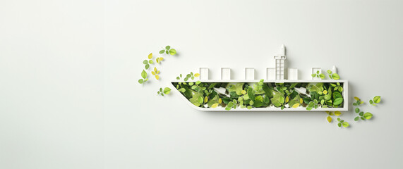 Minimalist ship's outline formed from green leaves and small plants on white background. Concept of sustainability and environmentally friendly practices in maritime transportation.