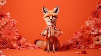 Creative animal concept, a fox in a floral summer skirt, isolated on a bright red background, excellent for a standout advertisement or joyful birthday party invite.