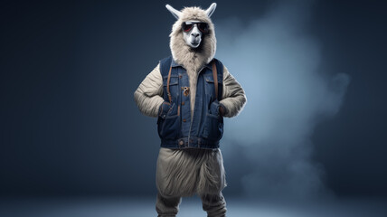 Fototapeta premium full body portrait of a llama in hip hop gear, puffer vest and cargo pants, solid indigo background, surreal, space for text, commercial, editorial advertisement