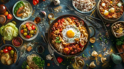 table top view of fried eggs vegetables and spices 
