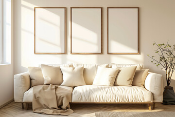 Three elegant picture frames on a minimalist living room wall, subtle earth tones, soft lighting