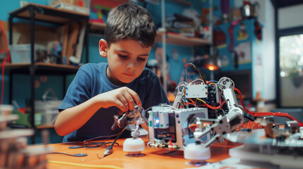 focused an 11-year-old boy goes to robotics classes in a bright modern laboratory, engineering education of schoolchildren