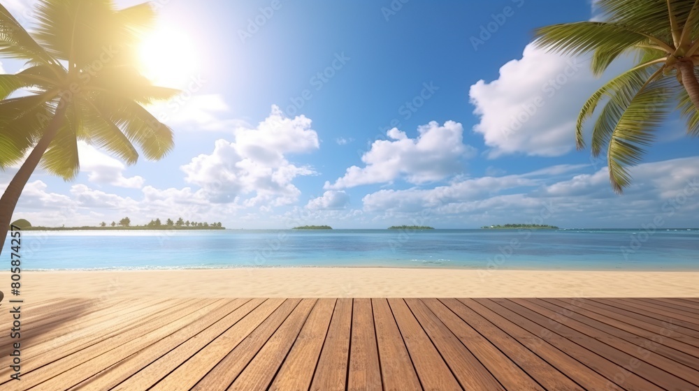 Poster Summer panoramic landscape, nature of tropical beach with wooden platform, sunlight