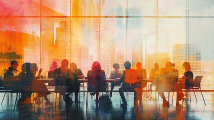 Lively collection of executives in a corporate gathering with urban skyline reflections