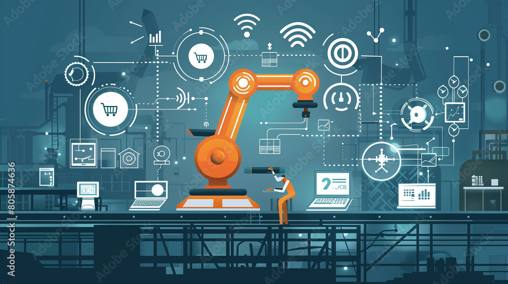 Poster smart factories and robotic automation optimizing production processes and supply chain management.