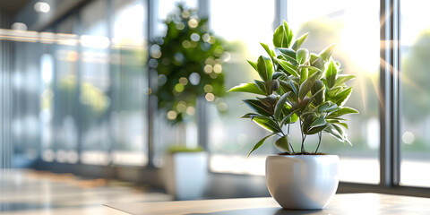 An office area with a plant in the style of soft edges and blurred details.
