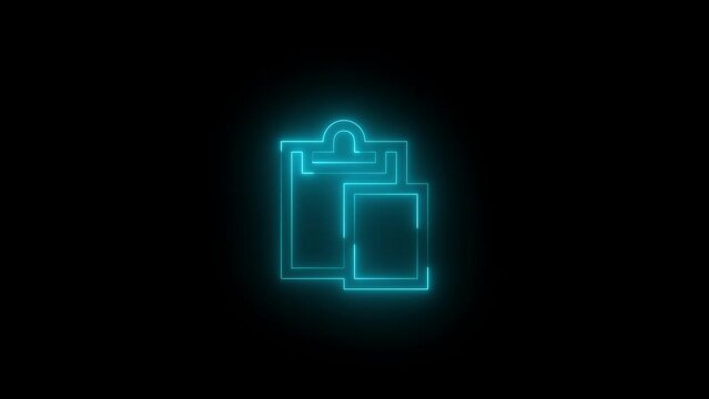 Neon glowing cyan color paste symbol icon on black background animation