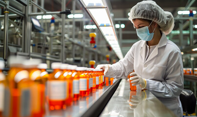 Working female in a white coat and mask is checking orange tinted bottles with liquid on the production line at a modern factory for medical products.  - Powered by Adobe