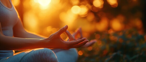 close-up of a serene outdoor yoga session at sunrise, focused on the harmony of hands in a mudra against a soft, glowing background