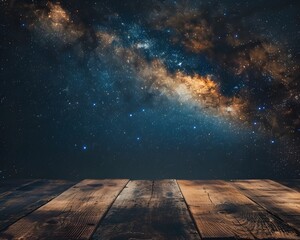 A wooden table with a starry night sky background, creating an atmosphere of mystery and wonder for product display
