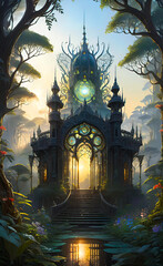 Fototapeta premium Fantasy art with a beautiful palace in the forest of elves, a beautiful background for a smartphone,