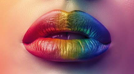 Vibrant rainbow lipstick on model's lips