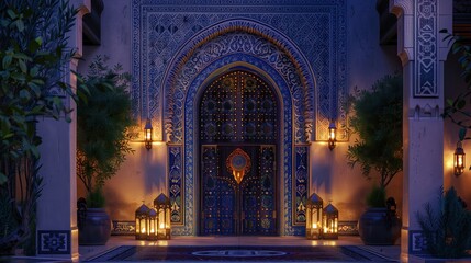 Arabian nights entrance with lanterns and a mosaic archway