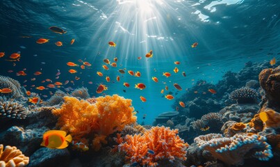 underwater paradise with coral reefs teeming with colorful fish, sunbeams piercing through the water