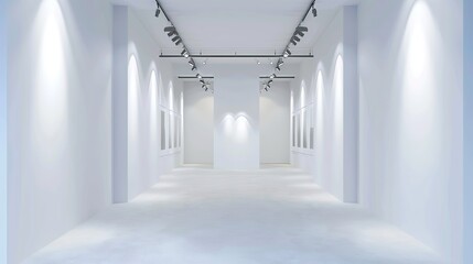 Art gallery entrance with white walls and strategically placed spotlights