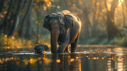 a baby elephant being gently guided by its mother into a tranquil pond