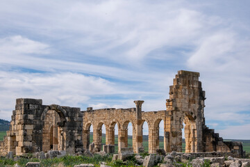 Archaeological Site of Volubilis,  Roman ruins of Basilica and Capitol. UNESCO World Heritage Site, Morocco
