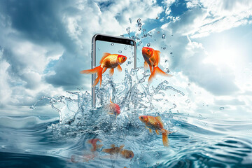 Smartphone with goldfish jumping out of the water. Mixed media