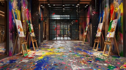Art studio entrance with splattered paint floors and easels