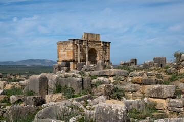 Arch of Triumph, panoramic view of Roman Archaeological Site of Volubilis, UNESCO World Heritage...