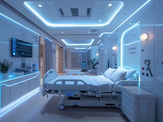 A modern hospital room equipped with automated systems to adjust lighting, temperature, and monitor patient vitals