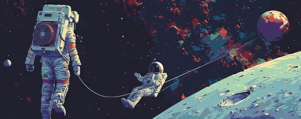 A retroinspired pixelated image of an astronaut floating in space, tethered to a lowresolution spaceship - obrazy, fototapety, plakaty