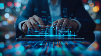 Businessman using tablet analyzing sales data and economic growth graph chart. Business strategy. Abstract icon. Digital marketing. double exposure of wireframe city interface. Double exposure of the 