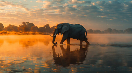 A majestic bull elephant wading through a misty, serene lake at dawn