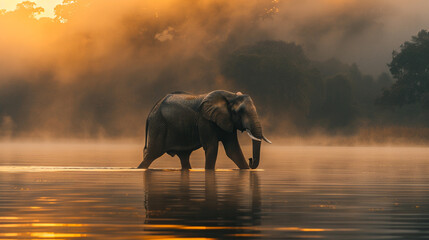 A majestic bull elephant wading through a misty, serene lake at dawn - Powered by Adobe