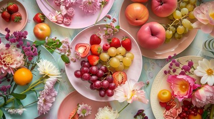 A stilllife composition of soft fruits and flowers arranged on pastelcolored plates