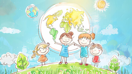 Obraz premium children play and earth globe, earth day concept ,kids play together,children's day concept illustration background,Generative Ai 