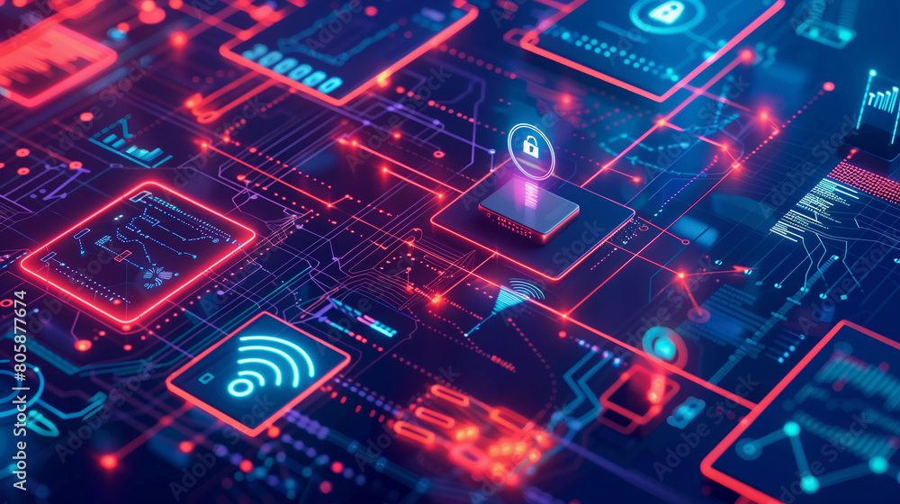 Poster interconnected smart devices protected by encryption and cybersecurity protocols to prevent unauthor