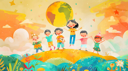 Obraz premium children play and earth globe, earth day concept ,kids play together,children's day concept illustration background,Generative Ai 