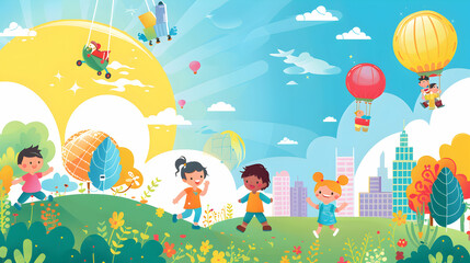 watercolor children playing balloon,kids play together,children's day concept illustration background,Generative Ai