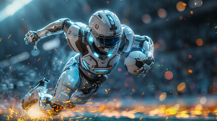 a futuristic robotic football player running with the ball