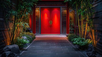 Contemporary Asian entrance with a red door and a stone path