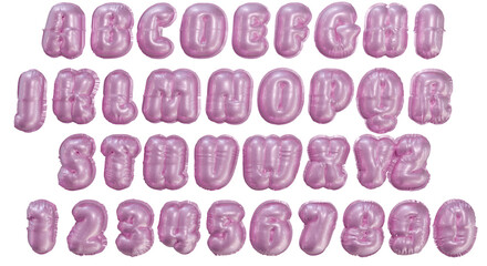 realistic isolated pink glitter balloons font alphabet and numbers on transparent background.
